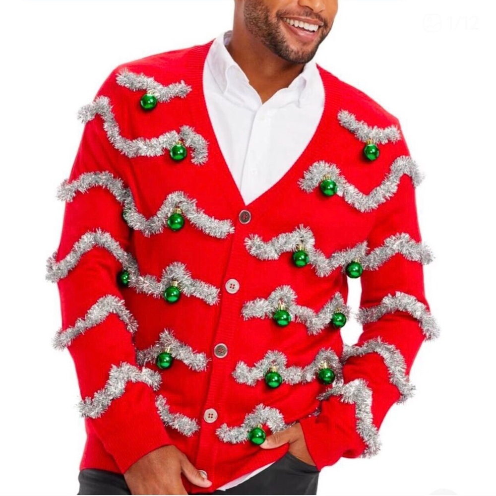 Red Tipsy Elves Ugly Christmas Cardigan Sweater silver tinsel Ornaments L v-neck